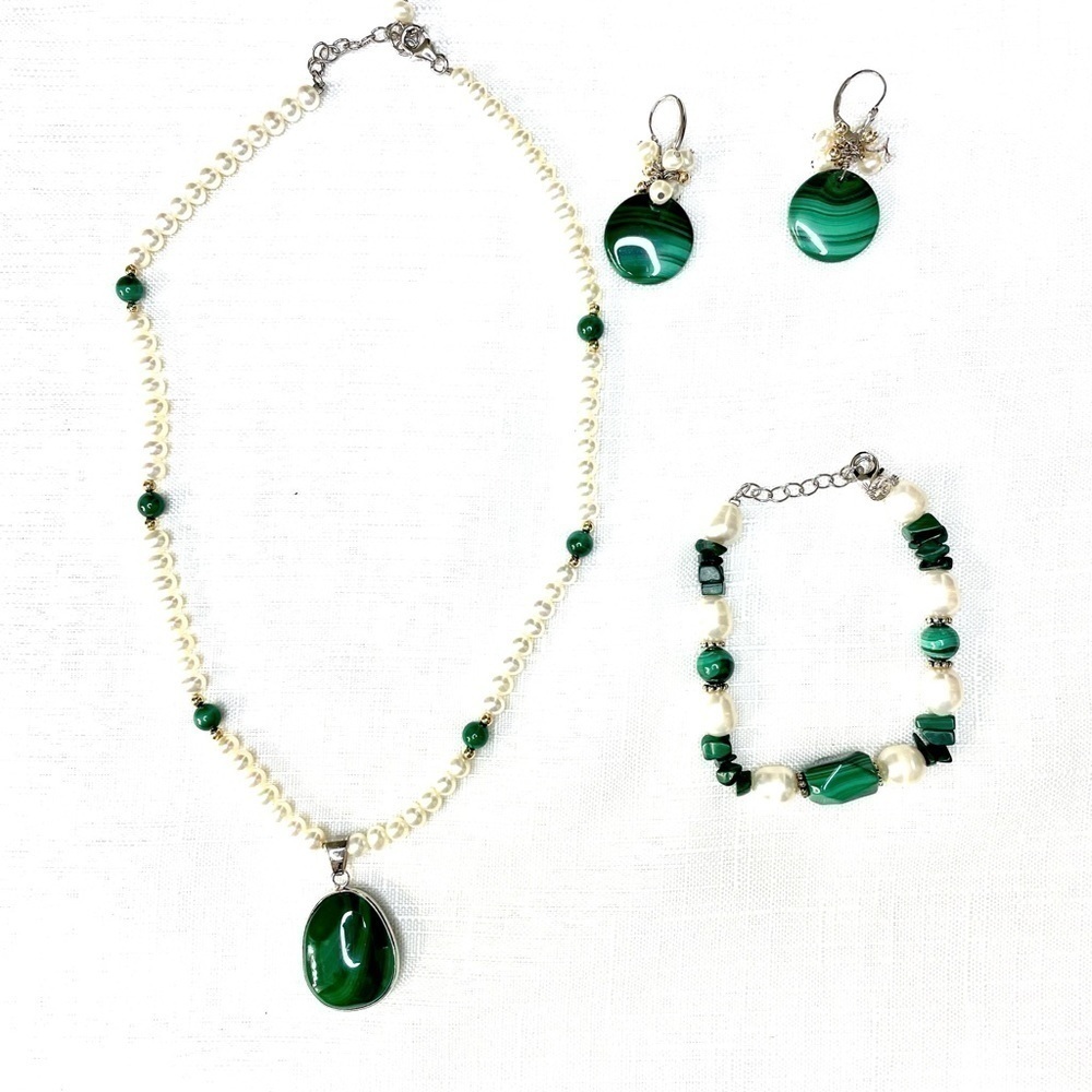 Malachite Pearl Necklace Earrings Set Bracelet Genuine